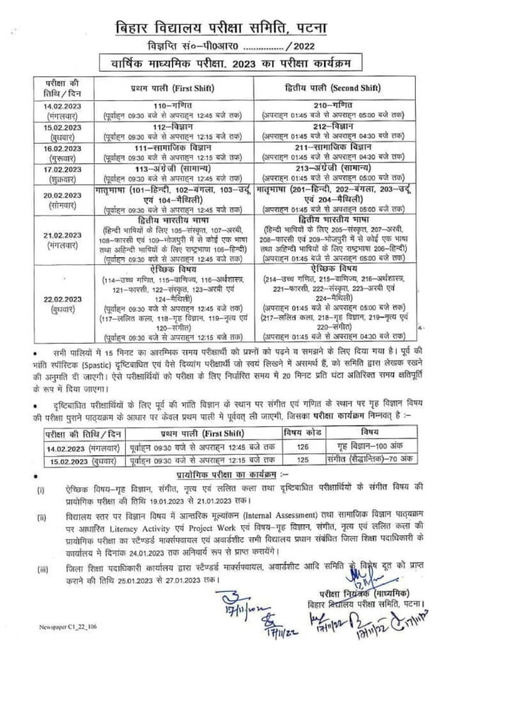 Bihar Board 10th Exam Date 2023 PDF Download